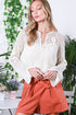 Open Knit Buttoned Neck Split Sleeve Sweater